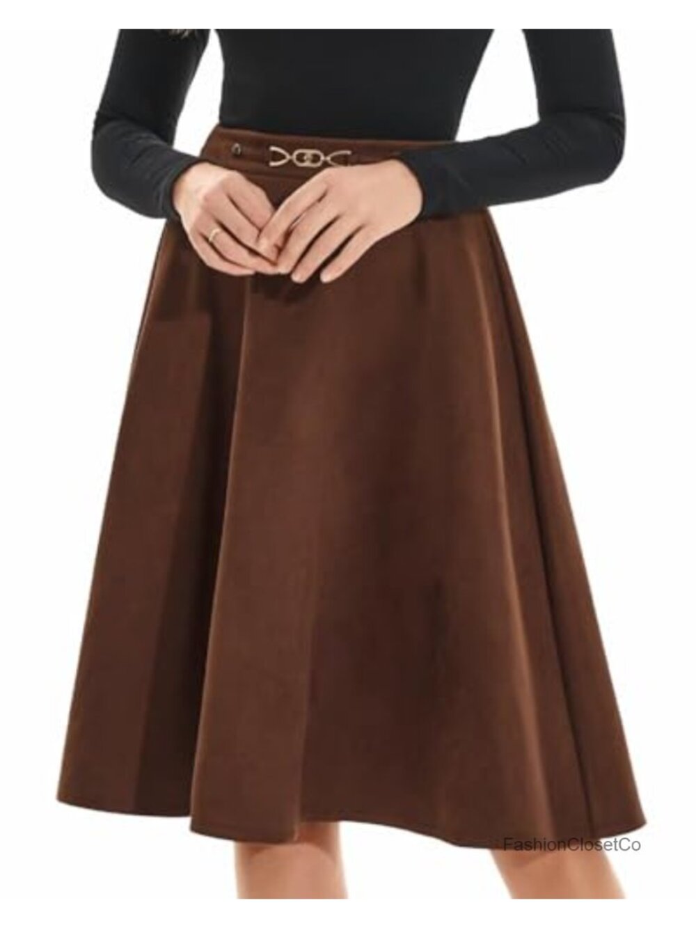 Faux Suede Knee Length High Waist A-Line Skater Midi Skirt